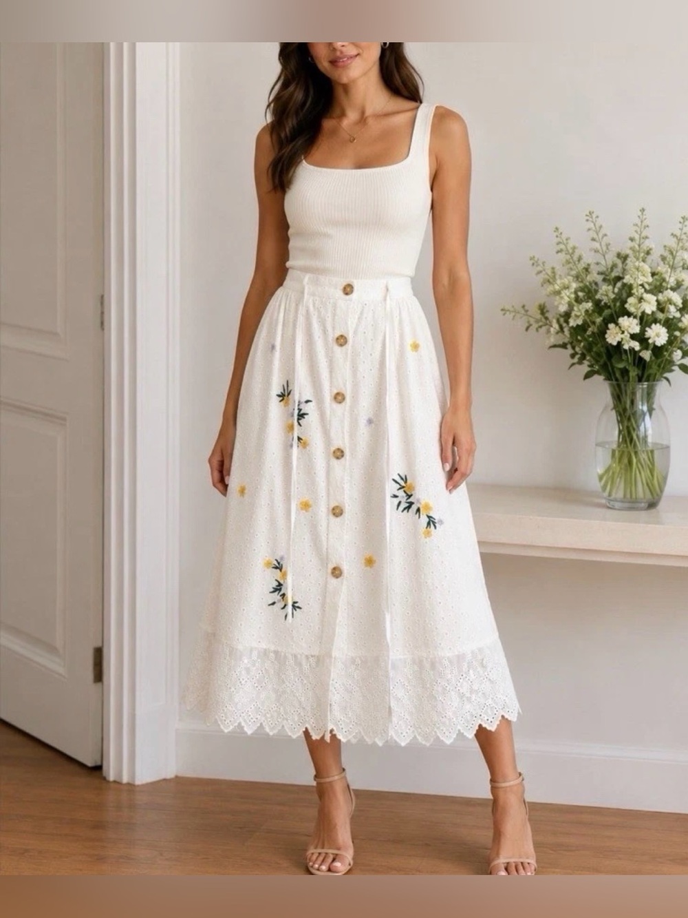 French Connection Embroidered Eyelet MIDI Skirt,  new